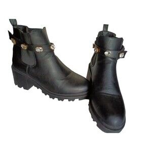 Catherine Malandrino Boots Size 9 Black Chelsea Bling Strap 2.5" Chunky Heel